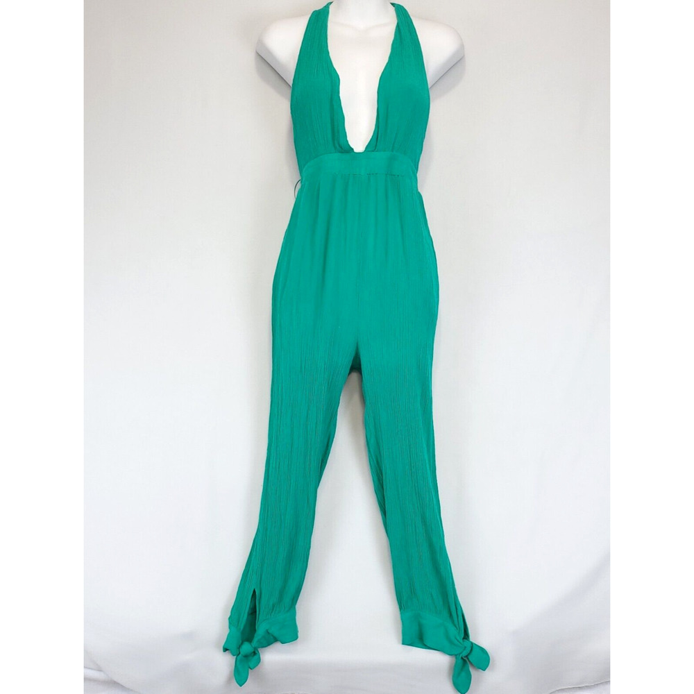 Lilyful Halter Jumpsuit Bow Knot Ankle Pants Deep V‎ Neck Women S Gauzy Green